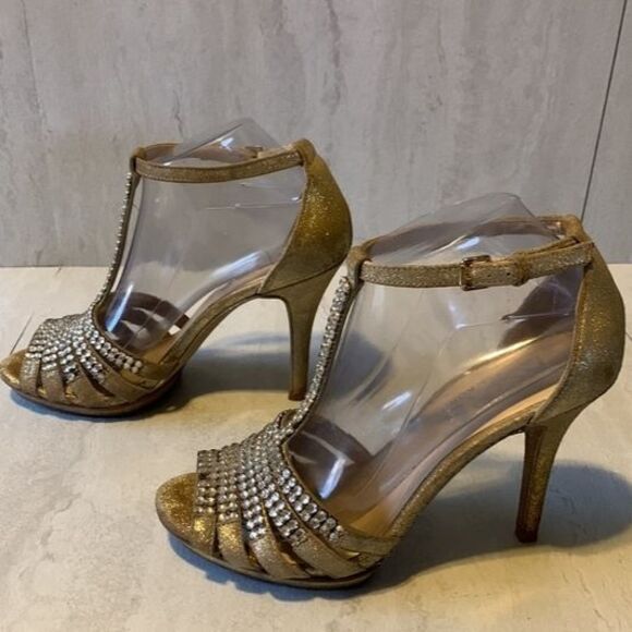KORS Michael Kors Amaryn Gold Suede Rhinestone Bling Sexy Heels Size 8.5 Party - Picture 2 of 12